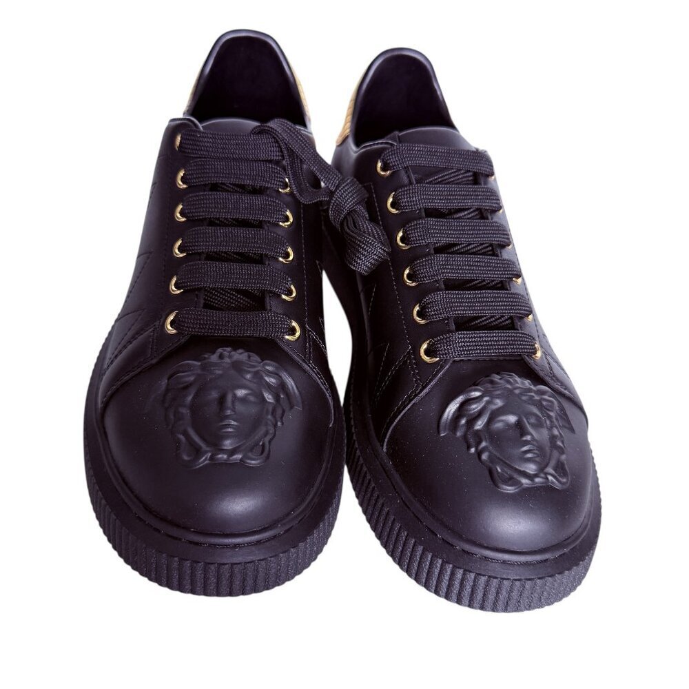 Versace Womens‎ 1008961 Medusa Black Leather Sneakers W Gold fabric heel Sz 36